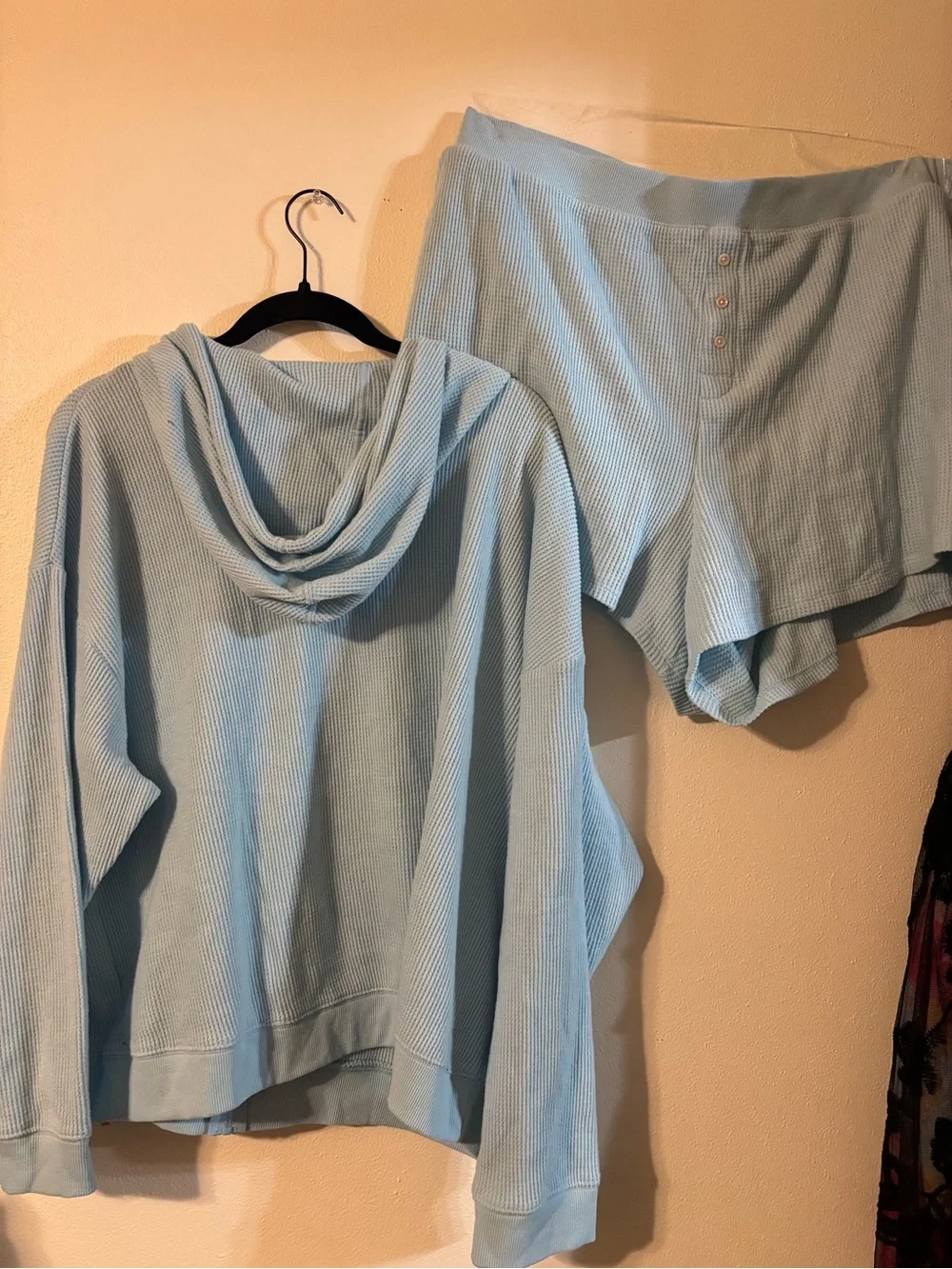 Auden Light Blue Waffle-Knit Hoodie & Lounge Shorts Set